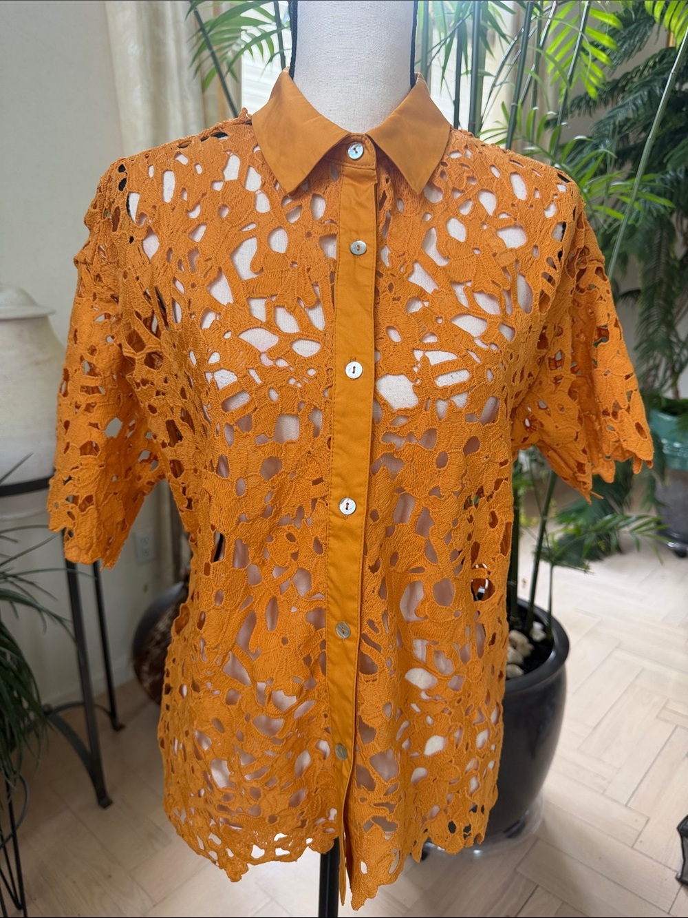 Women's Burnt Orange Crochet Button-Down Shirt